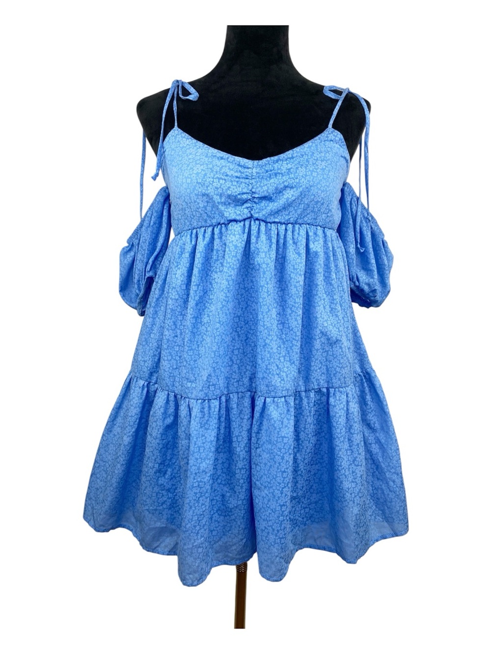 Stitch & Pine Blue Floral Tie Strap Off Shoulder Tiered Peasant Mini Dress Small